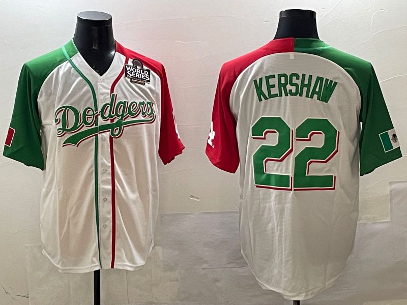 Men Los Angeles Dodgers 22 Kershaw White Green Game 2025 Nike MLB Jersey style 3
